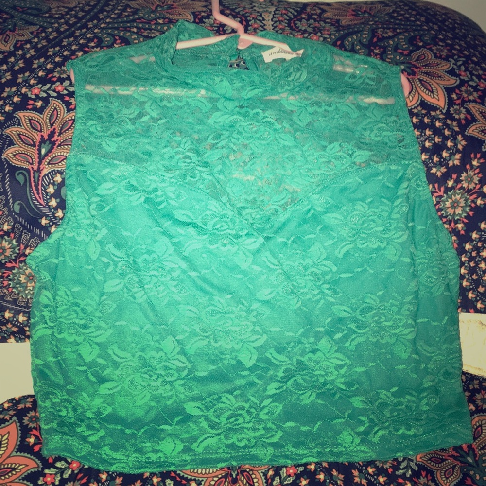 Teal blue lace crop top.